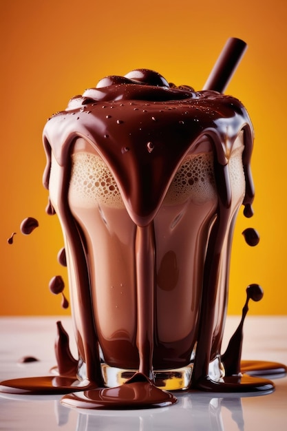 A chocolate drink with a chocolate drizzle on top of it