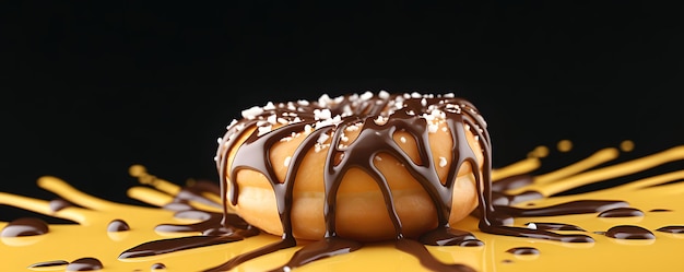 Chocolate Drizzled Donut on Yellow Background