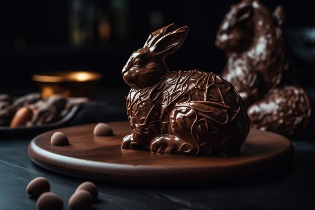 Chocolate easter bunny on a wooden tray with chocolate eggs in the background