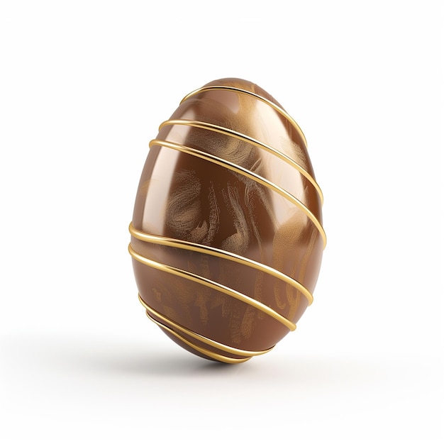 Chocolate Easter egg with golden icing on a white background with a falling shadow