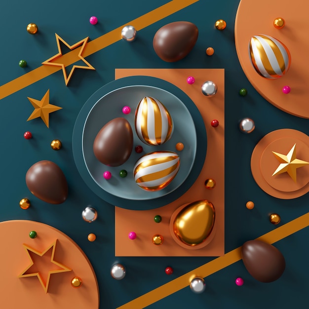 Chocolate easter eggs on green dark table. top view. flat lay. 3D rendering