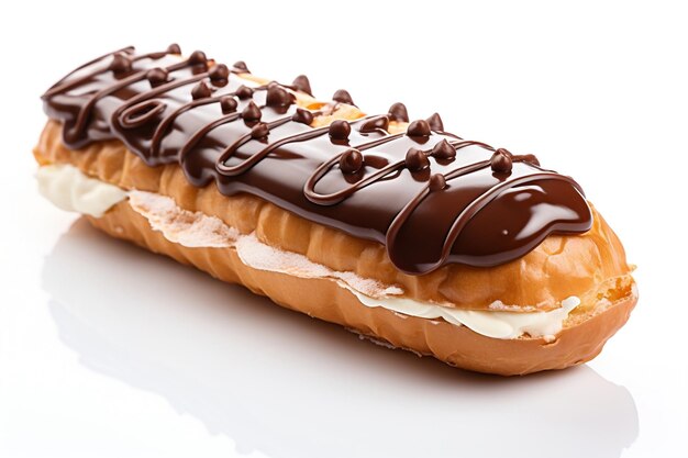 A Chocolate Eclair on a Distinct White Background Generative AI