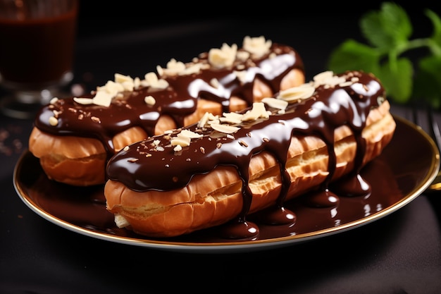 Chocolate eclairs on a plate closeup