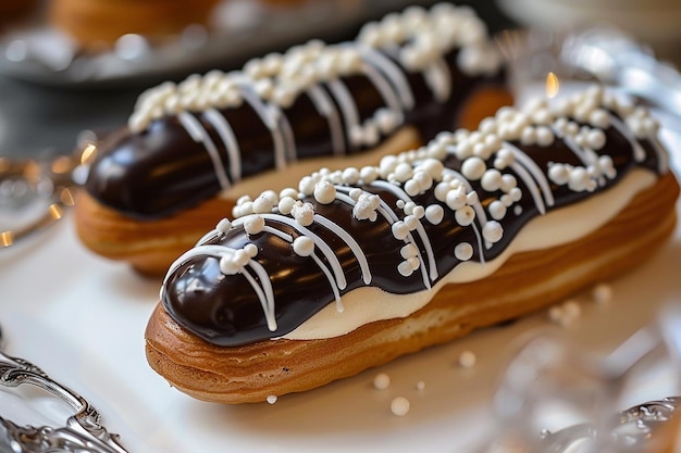 Photo chocolate eclairs with white drizzle