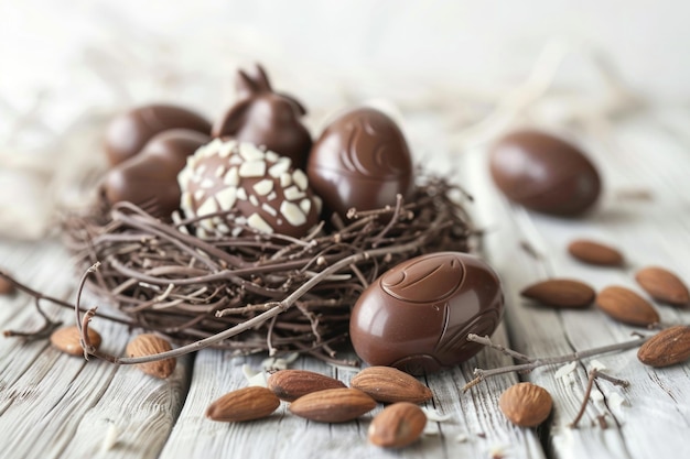 Chocolate eggs and easter almonds on bird nest chocolate bunny and sweets on white wooden table