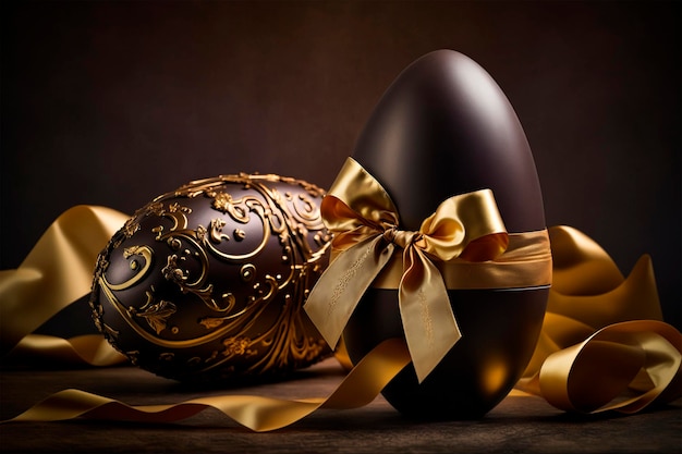 Chocolate eggs wrapped in ribbons and golden paper