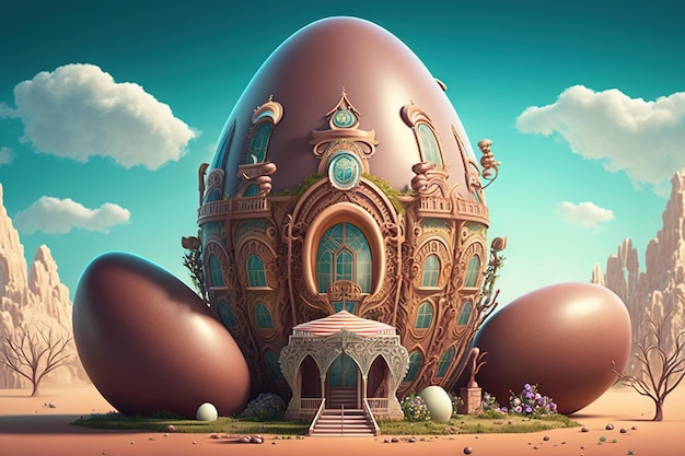 Chocolate factory in fantasy world, giant easter egg factory,