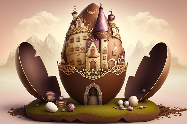 Photo chocolate factory in fantasy world, giant easter egg factory,