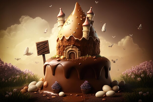 Photo chocolate factory in fantasy world, giant easter egg factory,