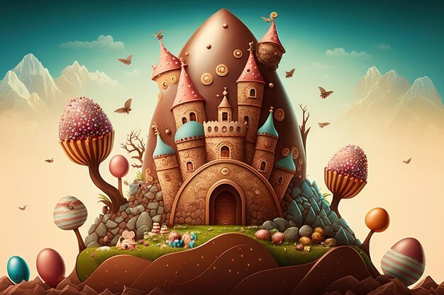 Photo chocolate factory in fantasy world, giant easter egg factory,