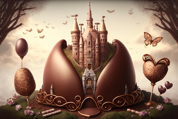 Chocolate factory in fantasy world, giant easter egg factory,