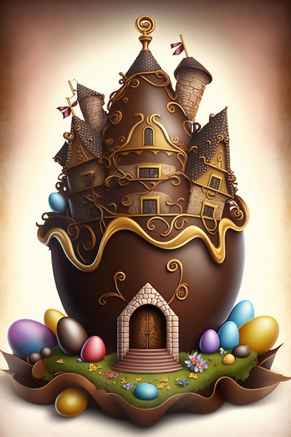 Chocolate factory in fantasy world, giant easter egg factory,