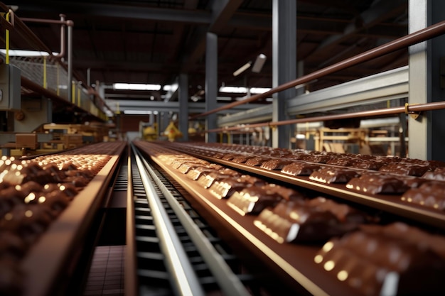 Chocolate factory with conveyor belts of chocolate bars AI generated