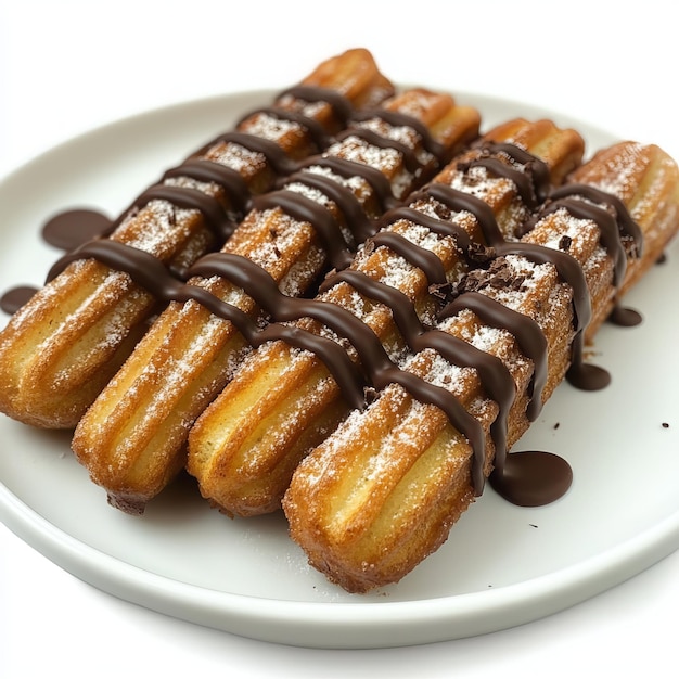 Photo chocolate filled churros on white background