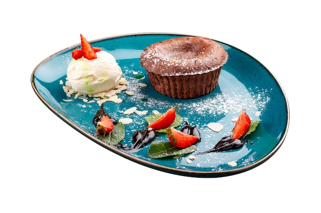 Chocolate fondant with ice cream balls On a white background