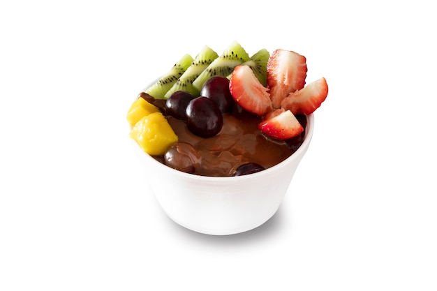 Chocolate fondue with fruits, mango, strawberry, kiwi and grape. White background.