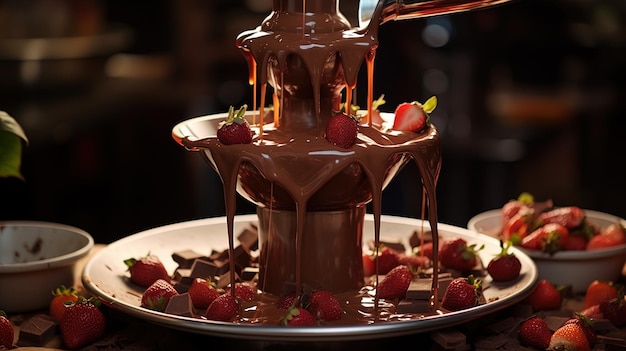 A chocolate fountain along which flowing chocolate flows