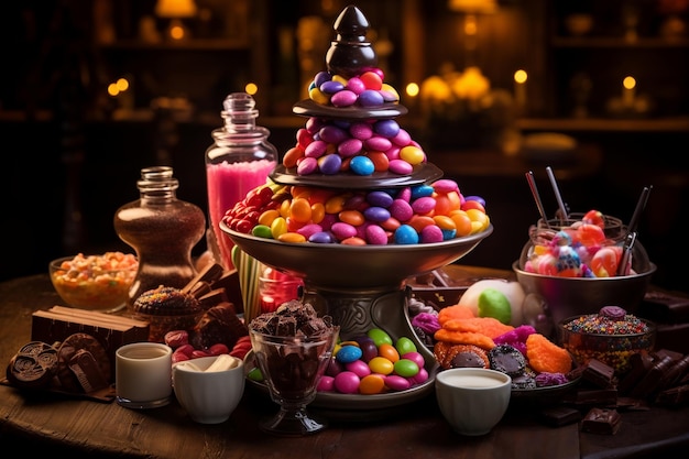 A Chocolate Fountain Encircled by Candy AI