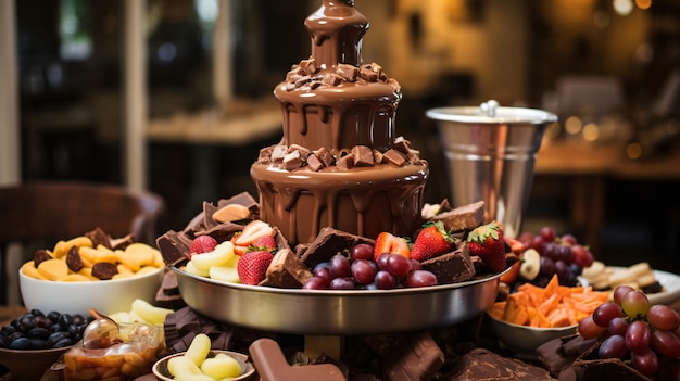 A chocolate fountain filled with lots of fruit