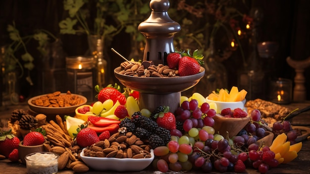 A chocolate fountain filled with lots of fruit