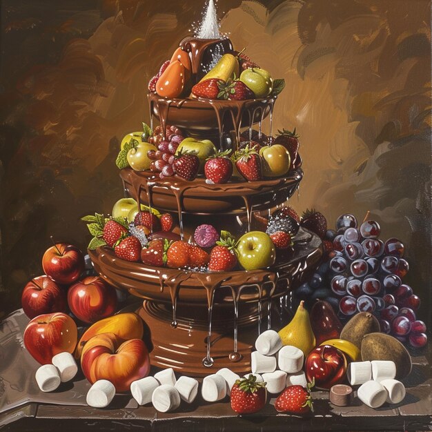 A chocolate fountain surrounded by fresh fruits and marshmallows