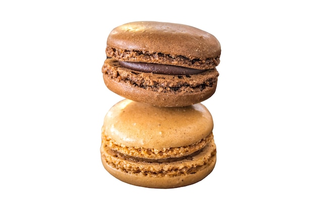 Chocolate french macarons on white background sweets isolated