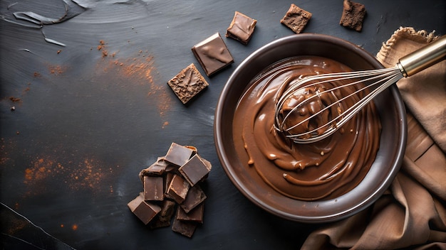 Chocolate ganache in bowl with whisk and chocolate chunks on dark background World Chocolate Day