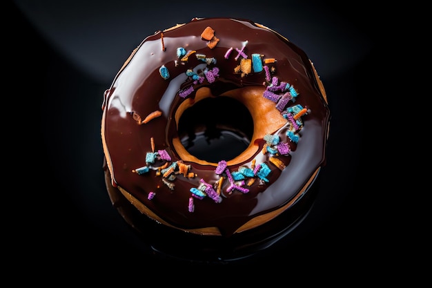 Chocolate Glazed Donut Sweet Brown Doughnut Cake Cocoa Donut Dessert on a Dark Background Abstract Generative AI Illustration