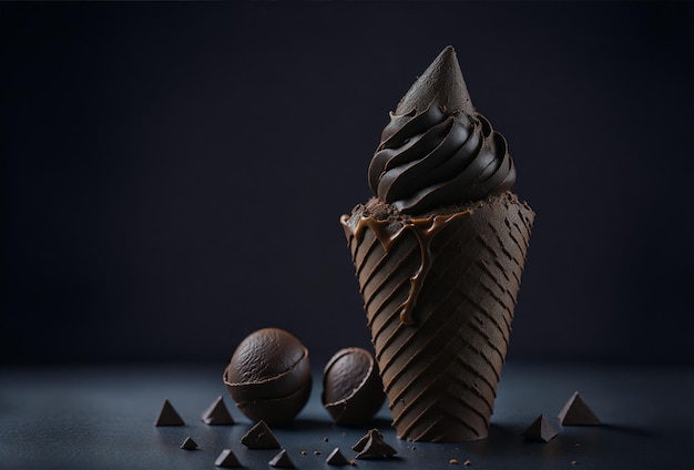 Photo chocolate and hazelnuts icecream cone with lots of dark chocolates isolated with dark background