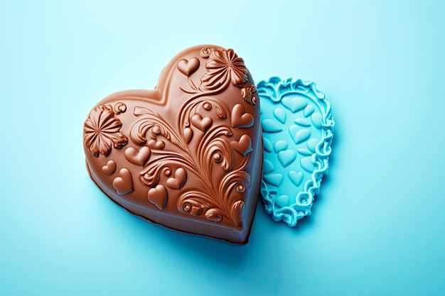 Chocolate heart confectionery as gift on light blue background created with generative ai