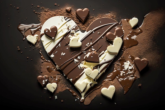 Chocolate heart pieces with white chocolate on dark background created with generative ai