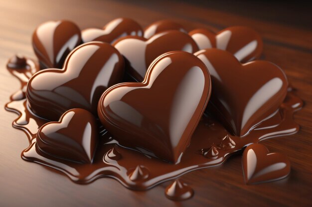 Chocolate hearts on a wooden table with the word chocolate on it.