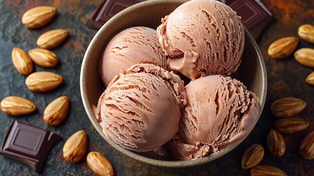 Photo chocolate ice cream and almonds