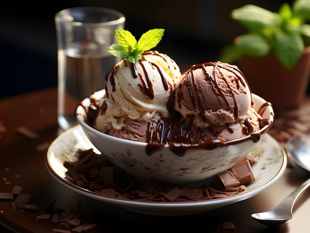 Chocolate ice cream ball in a bowl Generative AI