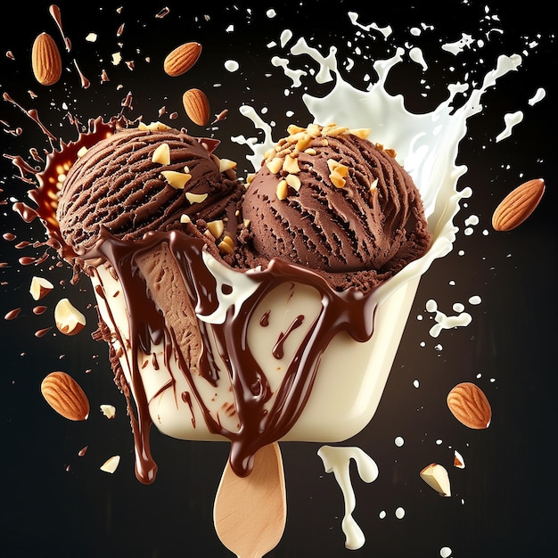 Photo chocolate ice cream bar and milk splash with nut or almond on a wood stick