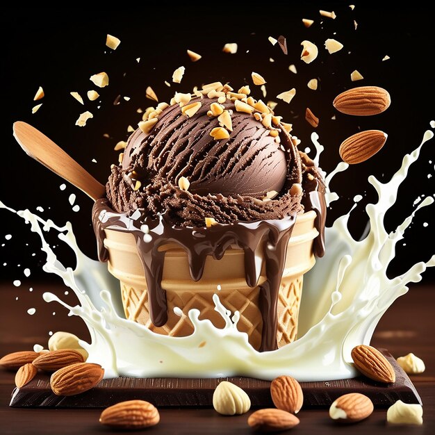 Chocolate ice cream bar and Milk splash with nut or almond on a wood stick