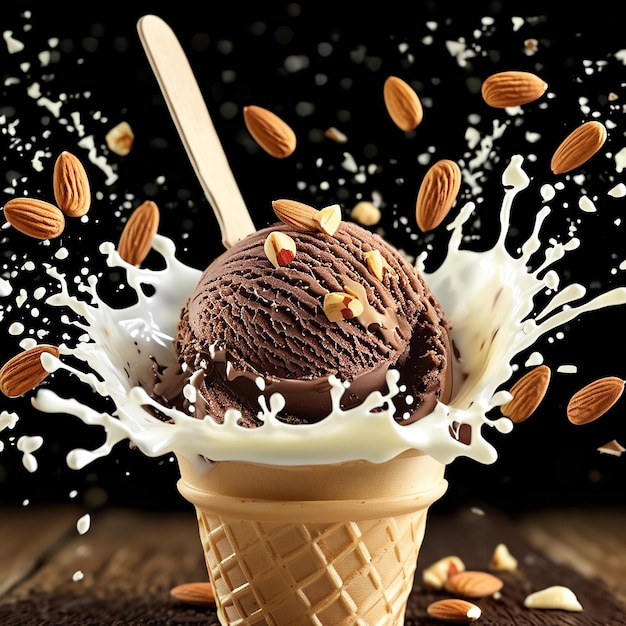 Chocolate ice cream bar and Milk splash with nut or almond on a wood stick