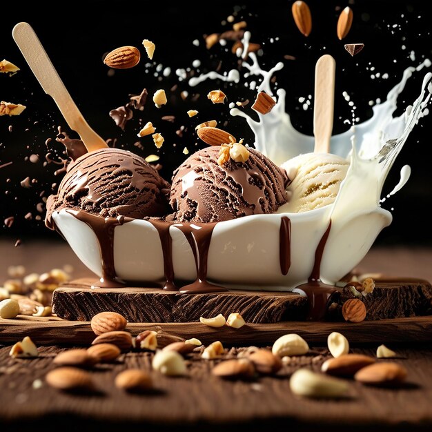 Chocolate ice cream bar and Milk splash with nut or almond on a wood stick