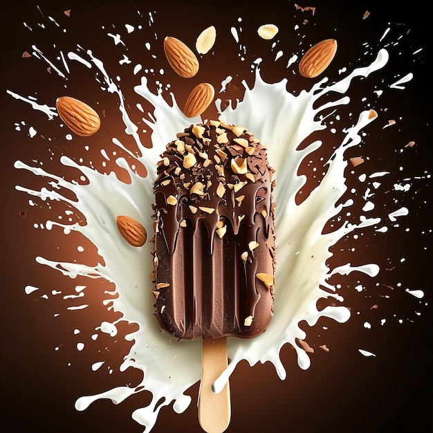 Chocolate ice cream bar and Milk splash with nut or almond on a wood stick