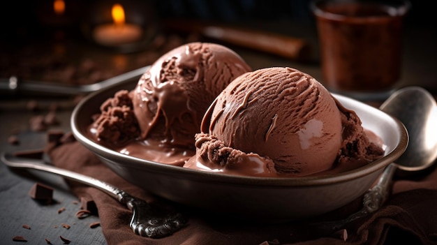 Chocolate ice cream in a bowl with a candle in the background