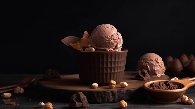 A chocolate ice cream bowl with a dark background and a bowl of chocolate ice cream on top.