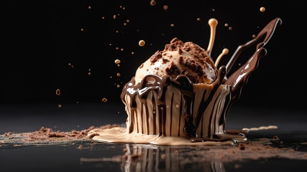 A chocolate ice cream cake with chocolate sauce and chocolate sauce