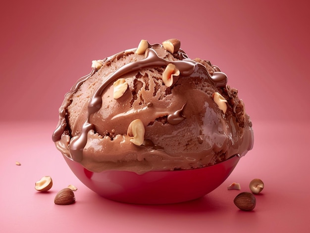 a chocolate ice cream cone sits on a pink plate