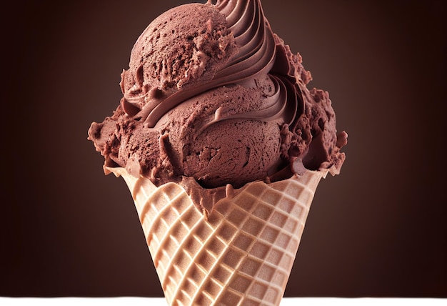 A chocolate ice cream cone with a brown background