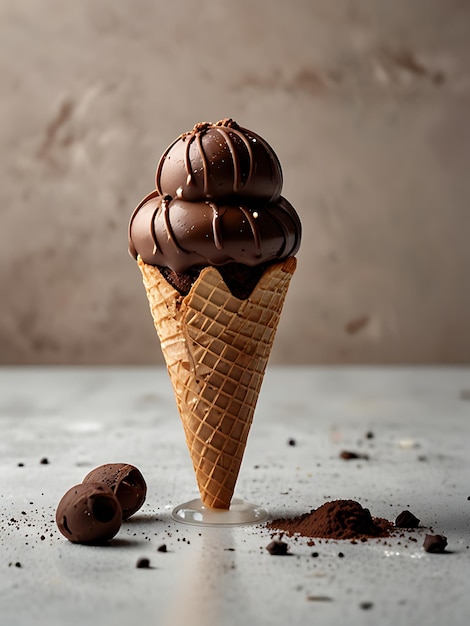 a chocolate ice cream cone with chocolate frosting and chocolate frosting