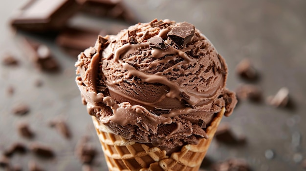 a chocolate ice cream cone with chocolate frosting on it