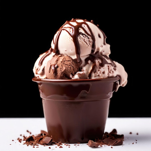 a chocolate ice cream cone with chocolate ice cream on top