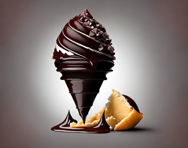 A chocolate ice cream cone with chocolate icing and a bite taken out of it.