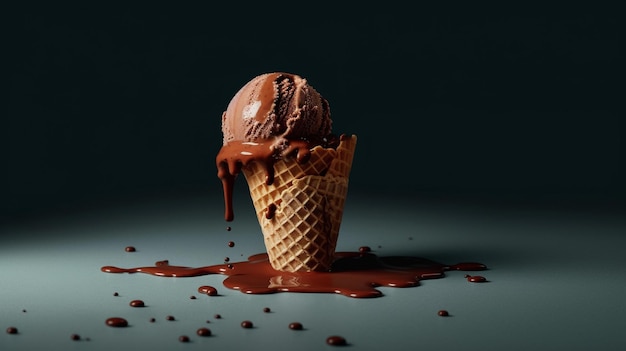 A chocolate ice cream cone with a chocolate sauce on it