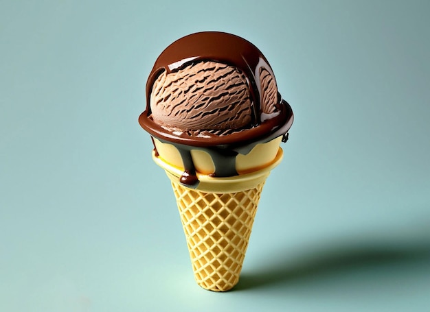 A chocolate ice cream cone with chocolate sauce and a scoop of ice cream on top.